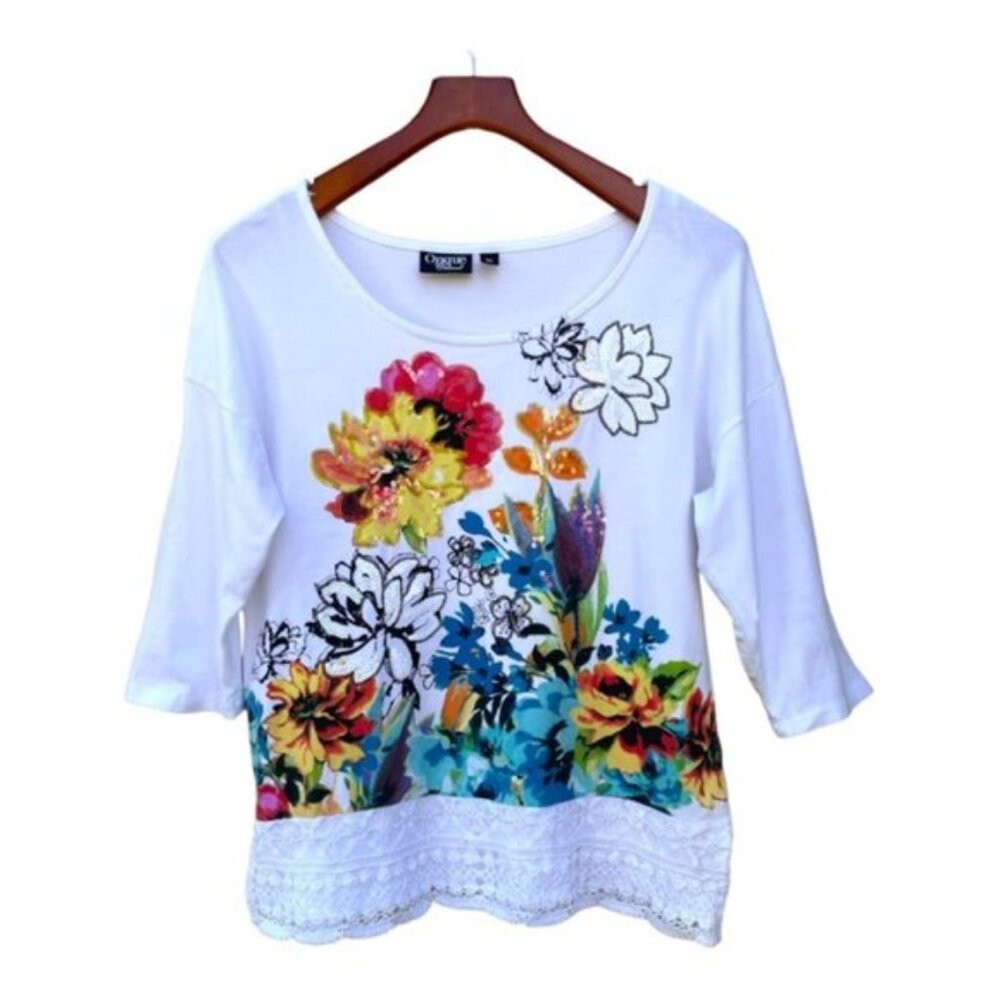 Onque Casual Floral Lace Trim 3/4 Sleeve Top White Sequin Accents M